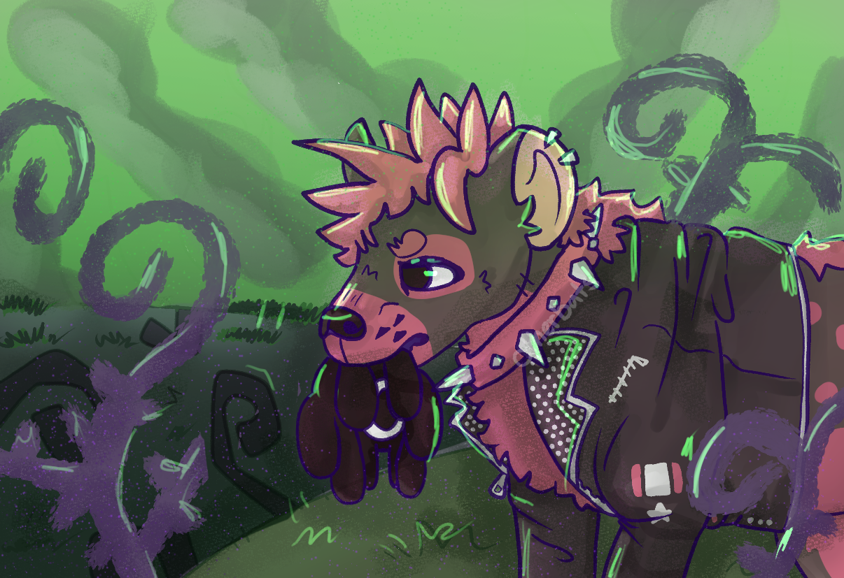 A hyena in punk clothes against a desolate background, carrying a fallen foe